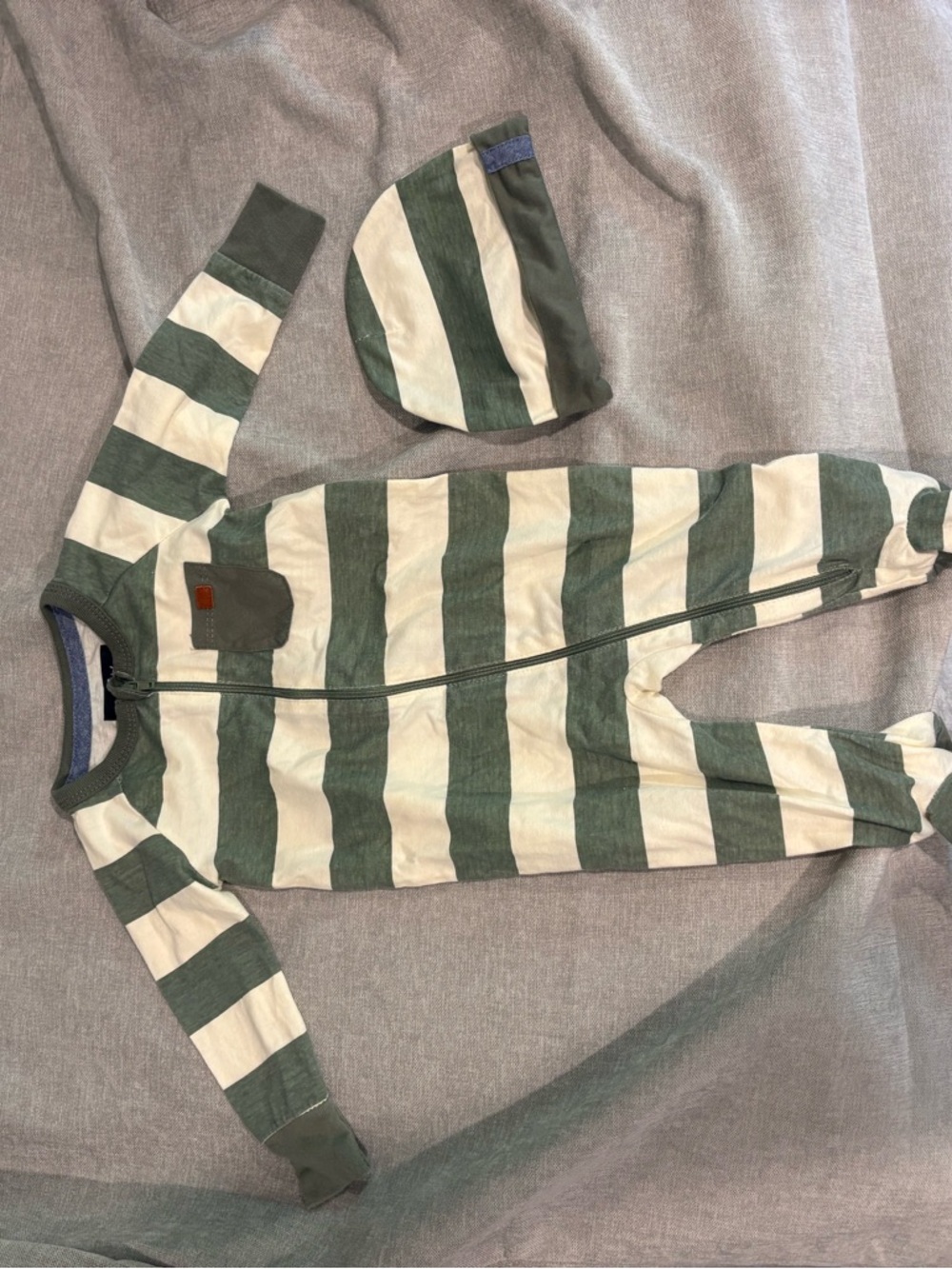 7 For All Mankind Green and Cream Striped Baby Footie with Hat